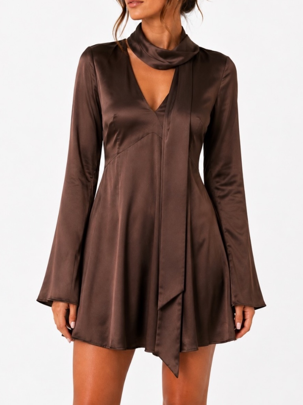 Zara Scarf Dress Womens Size Large Chocolate Brown Satin Mini Old Money
